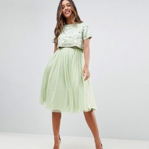 ASOS Embellished Crop Top Tulle Midi Dress - Green